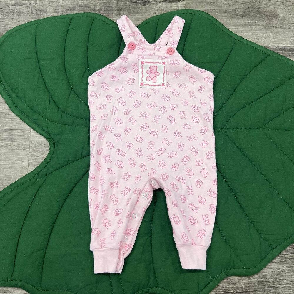 Vintage New Potatoes 12M Pink Teddy Bear Cotton Overalls Jumpsuit